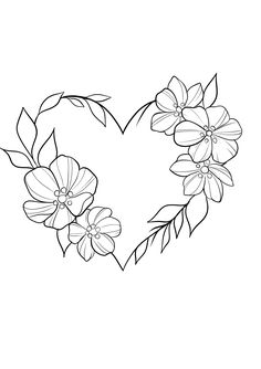 a heart shaped flower with leaves and flowers on it, drawn in black and white