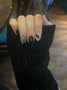 Black Spider Web Nails Coffin, Black Pointy Halloween Nails, How To Do A Spider Web On Nails, Simple Goth Nail Art, Halloween Nails Cobweb, Spooky Nails Coffin Shape, Simple Goth Nails Almond, Halloween Spiderweb Nails, Simple Goth Nail Ideas