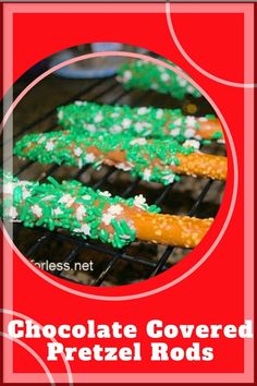 chocolate covered pretzel rods with sprinkles on the top and bottom