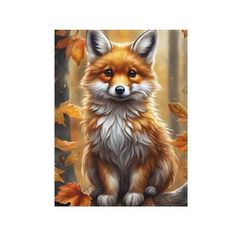 a painting of a red fox sitting in the leaves