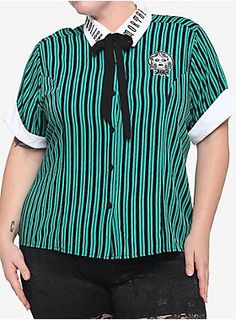 Her Universe Disney The Haunted Mansion Leota Stripe Girls Woven Button-Up Plus Size Madame Leota, Mickey Shorts, Plus Size Hot, Disney Queens, The Haunted Mansion, Her Universe, Front Tie Shirt, Marvel Women, Haunted Mansion