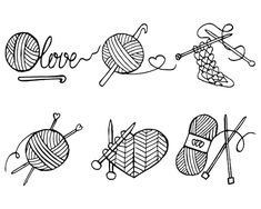 knitting and crochet related items drawn by hand in black ink on white paper