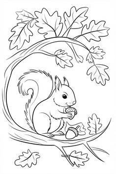 a squirrel eating an acorn on a tree branch with leaves and acorns