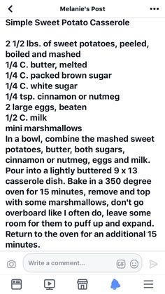 an iphone screen showing the instructions for how to make sweet potato casserole