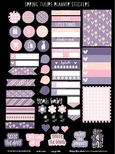 the pink and purple planner stickers are arranged on top of each other, with hearts