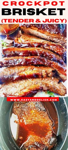 there is a plate with ribs and sauce on it, and the words crockpot brisket tender & juicy