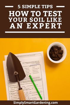 gardening tools and soil on top of a paper with the title, 5 simple tips how to test your soil like an expert