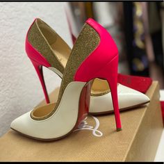 Original Price $845 Only Worn Once Used But Like New, Great Condition Red Sole Savers Made, Come With Box, Extra Hella Caps And Dust Bag White, Matt Hot Pink And Gold Glitter Mix Shoe Types, Couture Heels, Hot Pink And Gold, Feminine Shoes, Very High Heels, Fashion Shoes Heels, Women Heels, Louboutin Heels, Christian Louboutin Heels