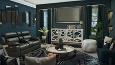 a living room filled with lots of furniture and walls painted blue, black and white