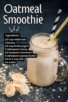 an oatmeal smoothie in a mason jar with banana slices