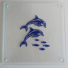 two dolphins swimming in the water on a glass plate with blue outlines and some fish