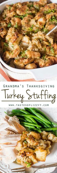 a white plate topped with green beans and stuffing next to a casserole dish