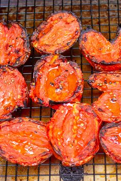 grilled tomatoes on a grill with the words, fire roasted tomatoes grilled or roasted