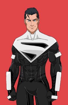 a man in a black and white suit with a superman symbol on it's chest