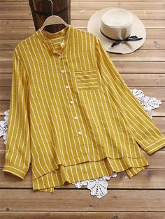 SPU:E56SH4K3991Sleeve Type:Long SleeveDecoration:StripeThickness:LightweightMaterial:Cotton-blendNeckline:Stand CollarOccasion:CasualProcess:ButtonedStyle:CasualTheme:All SeasonColor:Yellow,GreenSize:M,L,XL,XXL,4XL,5XL,XXXLShoulder (cm):M:38, L:39, XL:40, XXL:41, 4XL:42, 5XL:43, XXXL:44Length (cm):M:67, L:68, XL:69, XXL:70, 4XL:71, 5XL:72, XXXL:73Bust (cm):M:92, L:96, XL:100, XXL:104, 4XL:108, 5XL:112, XXXL:116Size ChartSizeShoulderLengthBustcminchcminchcminchM38156726.49236.2L3915.46826.89637.8 High Low Shirt, Outfit Chic, Casual Shirt Women, Stripe Outfits, Half Sleeve Blouse, Dressy Blouse, Casual Stripes, Dressy Tops, Women Shirts Blouse