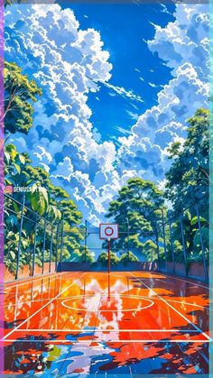 a painting of a basketball court with trees and clouds in the background, as if it were painted on canvas or acrylic paint