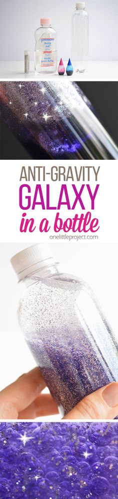 an advertisement for galaxy in a bottle on the side of a wall with purple and white glitter