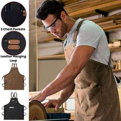 a man in an apron working on a piece of wood with different colors and sizes