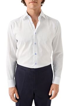 Cut in a slim fit, this sharp dress shirt is constructed from a high-performance, crease-resistant organic cotton and fitted with a classic spread collar. French placket Spread collar with collar stays Convertible French cuffs 100% organic cotton Machine wash, line dry Imported Elegant Wrinkle-resistant Button-up Shirt, Wrinkle-resistant Dress Shirt With Spread Collar For Office, Slim Fit Cotton Shirt With Lapel Collar For Office, Slim Fit Shirt With Lapel Collar For Office, Semi-formal Slim Fit Collared Shirt, Slim Fit Office Shirt With Lapel Collar, Slim Fit Dress Shirt With Lapel Collar For Office, Professional Slim Fit Shirt For Formal Occasions, Slim Fit Long Sleeve Dress Shirt For Office