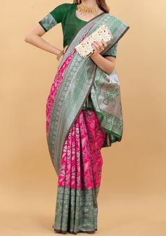 This gorgeous saree from the Indian brand Varni Fabrics is perfect for your party and occasional wear. Banarasi Silk Saree All Over Jacquard Motifs, and Border Work. Silk Matching Unstitched Blouse Piece. Jacquard Work Contrast Pallu. Color: There might be slight color variation due to lightings and flashes while photo shooting. The color may also vary because of different screen resolutions. Wash Care: Dry Clean Only Diwali Brocade Saree With Zari Weaving, Pink Brocade Saree With Self Design, Pink Brocade Saree For Diwali, Pink Brocade Saree In Traditional Drape, Fitted Jamawar Saree For Navratri, Pink Brocade Saree With Traditional Drape, Brocade Saree With Zari Weaving, Semi-stitched Brocade Pre-draped Saree For Diwali, Semi-stitched Brocade Saree For Transitional Season