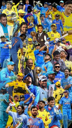 a large group of men in blue and yellow uniforms