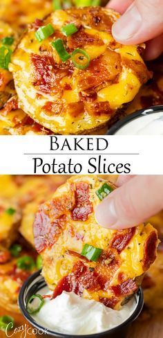 baked potato slices with sour cream and green onions in the middle, topped with bacon