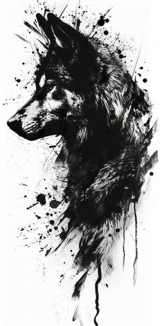 a black and white drawing of a wolf with paint splatters on it's face