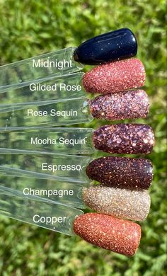 Fall Nail Colors With Glitter, Fall Powder Dip Nail Colors, Powder Dip Nails For Fall, Glitter Nails For Fall, Sns Nails Fall Colors, Dip Powder Colors Fall, Gold Dipped Nails, Sparkle Fall Nails, Fall Dip Colors