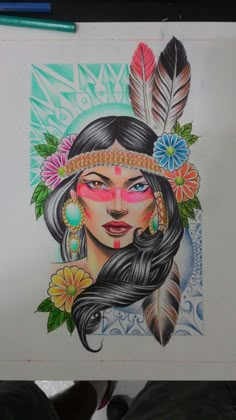 a drawing of a native american woman with feathers on her head and flowers in her hair