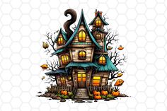 a cartoon house with pumpkins on the ground