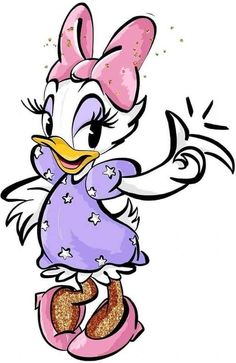 a cartoon character with pink hair and purple dress, standing on one foot in the air