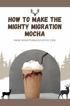 an iced drink with whipped cream and chocolate on top, in front of a forest background