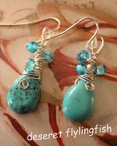 Turquoise earrings-- wire wrapped jewelry handmade--December Birthstone jewelry-----Valentine's Day Handmade Dangle Jewelry For Birthday, Handmade Dangle Jewelry For Birthday Gift, Bohemian Wire Wrapped Earrings As Gift, Handmade Turquoise Silver Plated Wire Jewelry, Wire Wrapped Dangle Earrings For Gift, Handmade Turquoise Silver-plated Wire Jewelry, Wire Jewelry With Matching Earrings For Gift, Unique Wire Wrapped Earrings As A Gift, Handmade Turquoise Jewelry In Silver Plated Wire