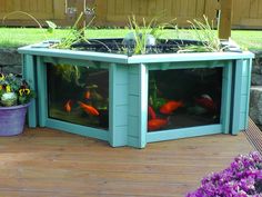 an outdoor fish pond with plants and flowers in the back ground, next to a wooden deck