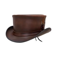 Marlow Mens Leather Top Hat - LT Hat Band Leather Top Hat | Men's Top Hat with Feather | Steampunk Hat Finished black is all night, captured by the moonlight and darkly romantic. Brown is deep and comfortable; a friend who both scoundrel and traveler. Pecan, with its contrasting band and brim edge is, like Robin Hood, the cutpurse with noble motive.    Features: Brim 2" Crown 3 3/4" Size 6 up to Size 8 Cowhide Leather Featherweight 2 Colors: Burnt Black & Brown Sizes: XXS to 3XL (Follow The Char Brimmed Costume Hats For Country Events, Vintage Brown Fedora With High Crown, Vintage High Crown Brown Fedora, Vintage Top Hat For Western-themed Events, Festival Top Hat With Short Brim, Steampunk Wide Brim Adjustable Hat, Steampunk Adjustable Wide Brim Hat, Adjustable Wide Brim Steampunk Hat, Vintage High Crown Top Hat For Rodeo