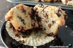 chocolate chip muffins cut in half on a plate