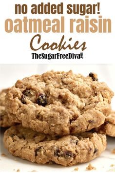 three oatmeal raisin cookies stacked on top of each other with text overlay