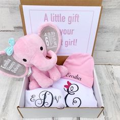 a pink baby gift box with an elephant and personalized onesuits in it