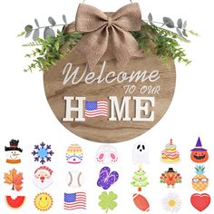 the welcome home sign is surrounded by many different decorations and symbols, including an ornament