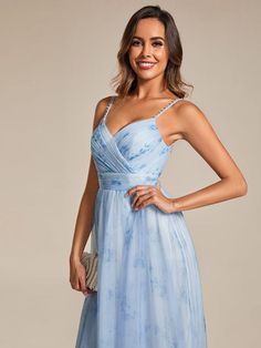 Floral Printed Empire Waist Spaghetti Strap Formal Evening Dress with V-Neck #color_Ice Blue Ice Blue Bridesmaid Dress, Maxi Dresses Formal, Chic Jumpsuit, Ice Dresses, Print Chiffon Dress, Velvet Dresses, Prom Dresses Sleeveless, Pajamas Sets, Blue Tulle