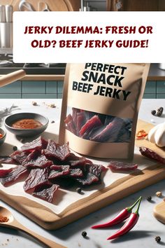 Beef jerky on a wooden board near spices with a “Perfect Snack Beef Jerky” bag. Beef Jerky Recipes