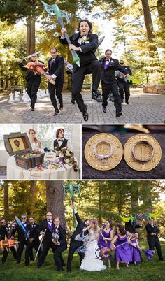 the wedding party is posing for pictures and throwing confetti