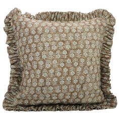 two decorative pillows with ruffled edges and floral print on the front, one in brown