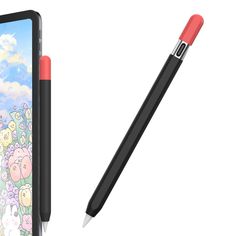 an ipad with a pen next to it and a cartoon character on the screen,