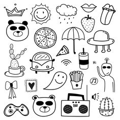 a bunch of doodles that are drawn in black and white with different things on them