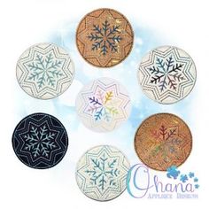 six snowflakes are shown in different colors