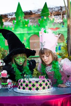 there are pictures of children at a birthday party with cake and vegetables on the table