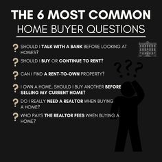 the 6 most common home buyer questions infographical graphic on black background with text