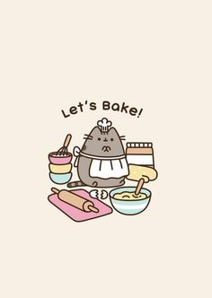 a cartoon character holding a bowl with food on it and the words let's bake