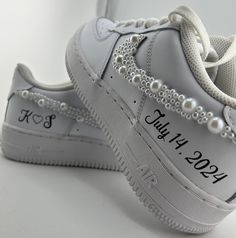 Wedding Day Bride Air Force Ones. - These can be ordered in bulk for big occasions! (Lettering and words can be altered to fit whatever you'd like!) Make a statement on your special day with our customized wedding designed Air Force Ones. These unique and eye-catching shoes are perfect for the bride, groom, or even the wedding party.  please reach out if you have any questions. Wedding Air Force Ones, Wedding Day Bride, Air Force One Shoes, Shoe Designs, Force One, Air Force Ones, Tie Shoes, Custom Shoes, Custom Wedding